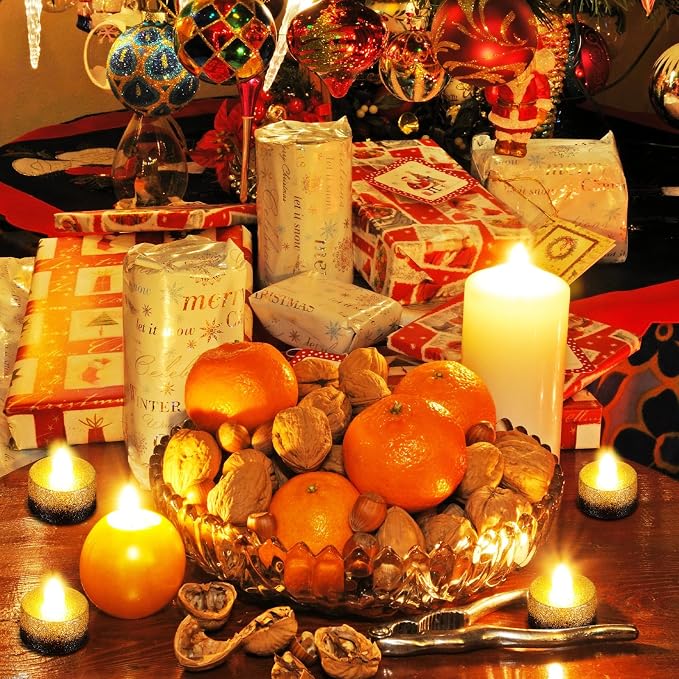 Retisee 48Pcs Flameless LED Tea Lights Glitter Electric Fake Candles for Centerpieces Battery Operated Anniversary Romantic Winter Decor for Wedding Christmas Birthday(Gold,Black,1.46inch)