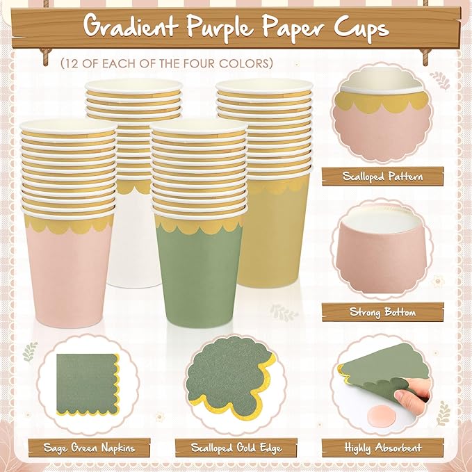 Mimorou 338 Pcs Sage Green and Pink Plates and Napkins Party Supplies Green and Rose Gold Tableware Include Scalloped Plates Paper Napkin Cup Spoon Fork Knife for Baby Shower, Wedding, Birthday