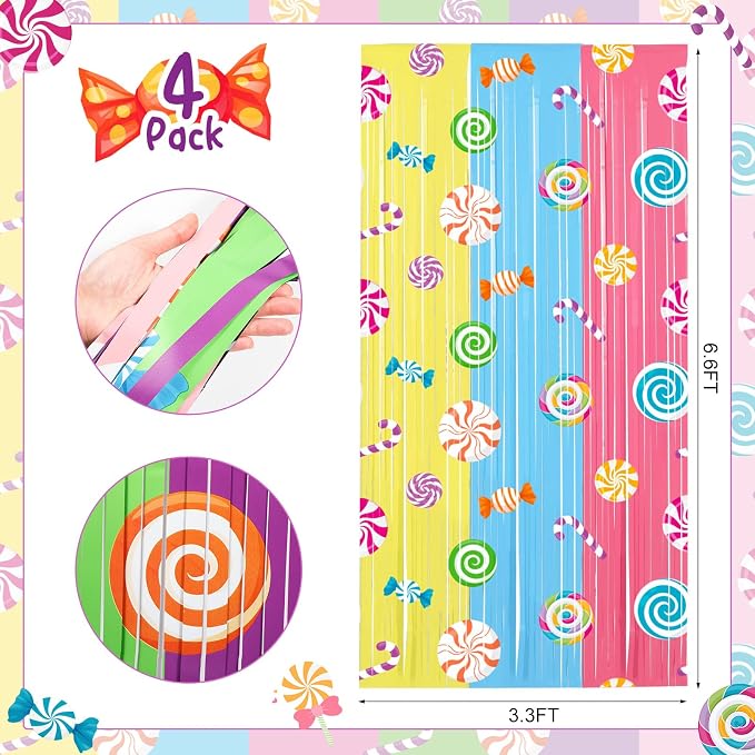 Blosssound 4 Packs Candyland Party Decorations 3.3 x 6.6 ft Candy Foil Fringe Curtain Dark Sweet Candy Tinsel Streamers for Lollipop Candyland Birthday Baby Shower Sweet Shop Party Decoration