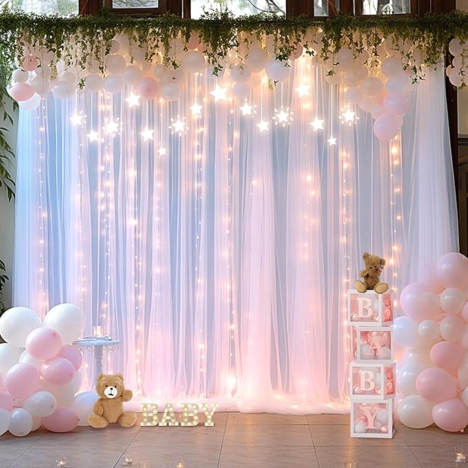 20×15ft White Tulle Backdrop Curtain with Lights String for Parites Sheer Fabric Backdrop Curtains White Backdrop Drapes for Wedding Baby Shower Birthday Party Photo Shoot Background 4 Panels 5ft×15ft