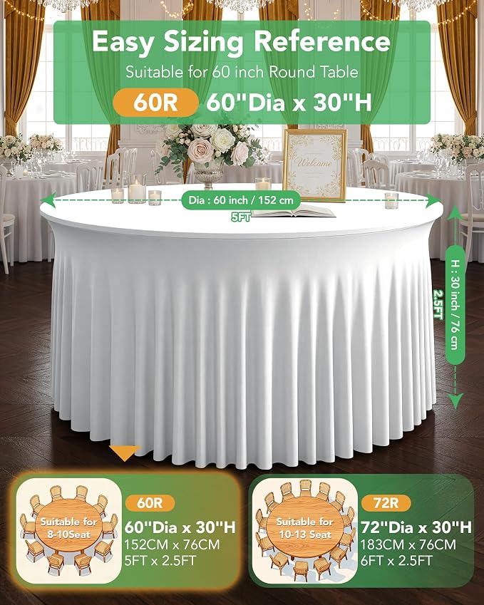 6 Pack Spandex Table Cover Skirts for 60 inch Round Tables, White Stretch Table Cloths with Floor-Length Ruffle, Elastic Fitted Skirted Tablecloth for Elegant Wedding Banquet Party Buffet Decoration