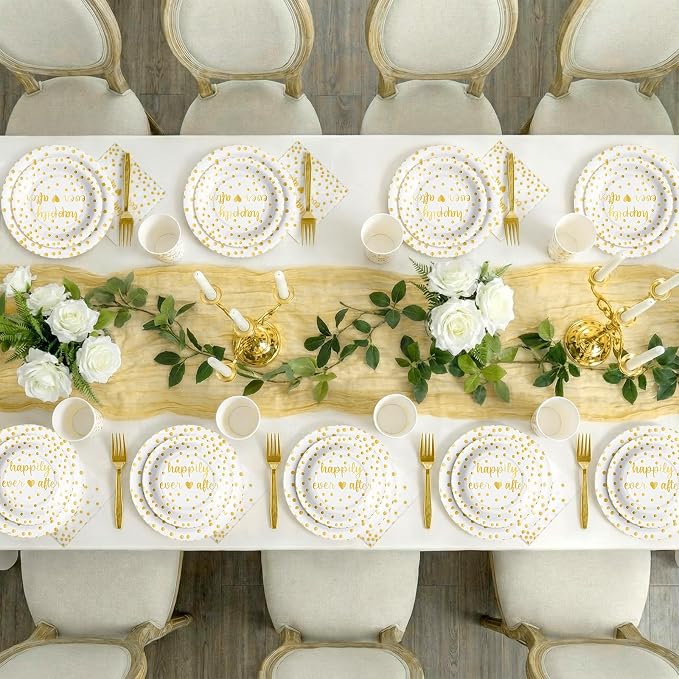 MotiMind 120 Pcs Happily Ever After Tableware Set Wedding Reception Party Table Decorations White and Gold Dot Paper Plates Cups Napkins Forks for 24 Guests Wedding Bridal Shower Engagement Party