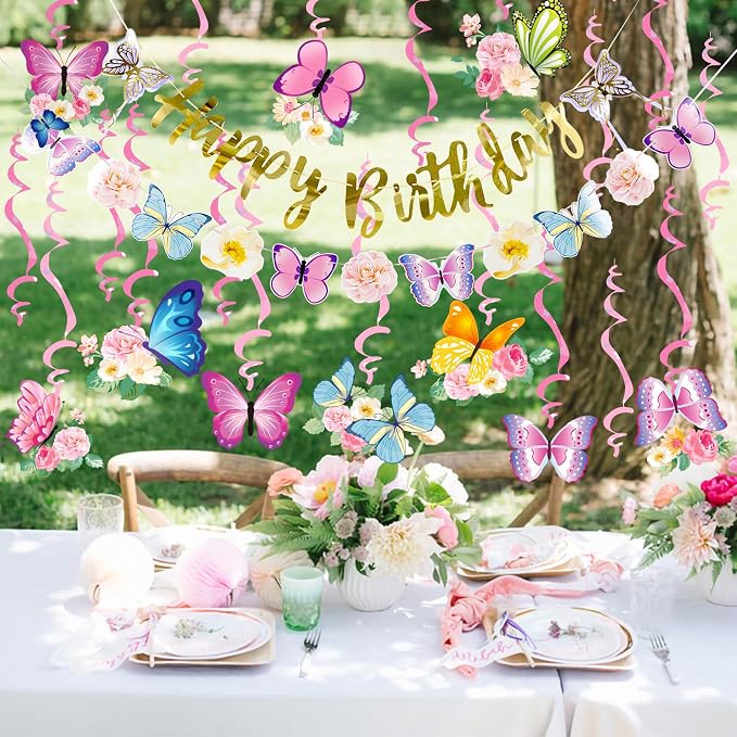 SUNBEAUTY 22PCS Butterfly Birthday Party Decorations Pre-strung Birthday Banner Garland for Women & Girls Colorful Butterfly Hanging Swirls Decorations Summer Themed Ceiling Decor for Kids Bday party