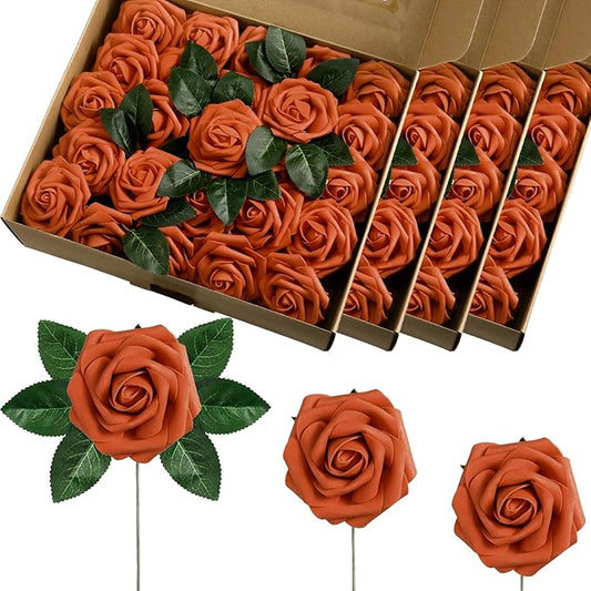 100 Pcs Artificial Foam Rose Flower Faux Bouquet Wedding Fake Rose Gift for Mother's Day Women DIY Bridal Shower Party Table Birthday Home Spring Decor (Orange)