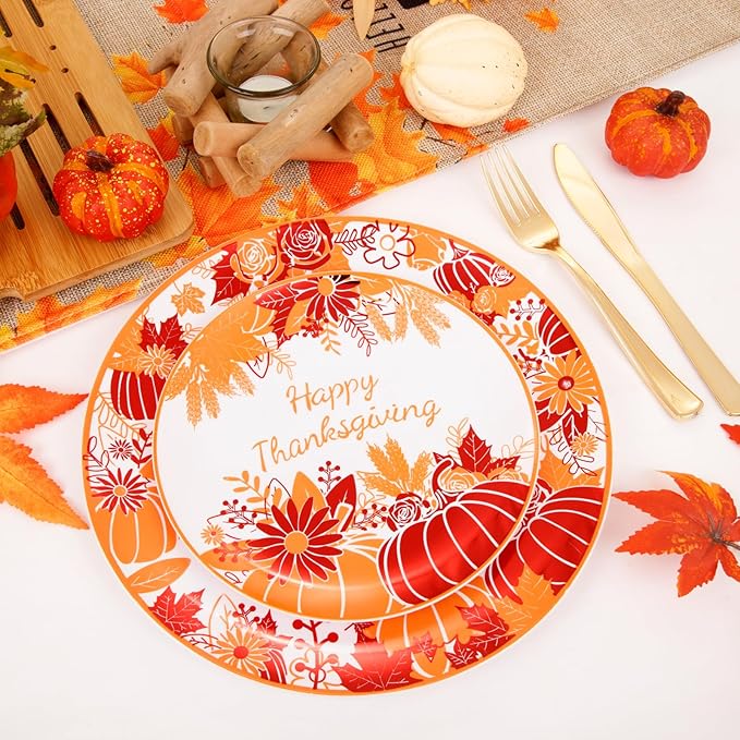 DaYammi 210Pcs Thanksgiving Plastic Plates,Orange and Red Disposable Dinnerware Set Includes 60 Dinner plates,30 Gold Plastic Silverware,30 Per Rolled Napkins,30 plastic Cups for Thanksgiving Party