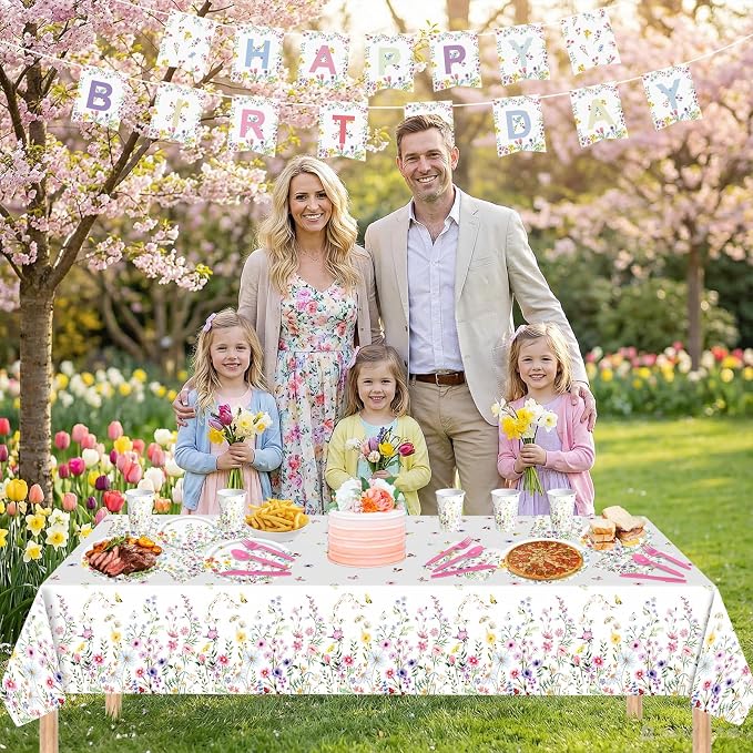 170 Pcs Spring Flower Birthday Party Decorations Sets, Includes Happy Birthday Banner, Floral Plates, Napkins, Cups, Plastic Silverware, Tablecloth for Wildflower Bday Party Supplies Decor, Serve 24