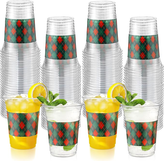 100 Pack Red and Green Plaid Plastic Cups 16 oz Disposable Checkered Spring Party Cups Bulk for Picnic Rustic Birthday Party Baby Shower Supplies