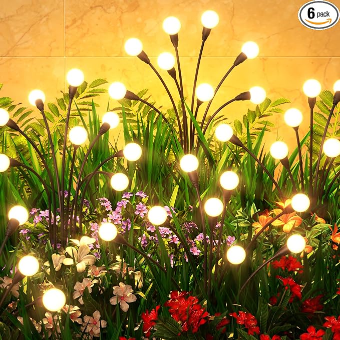 6 Pack Solar Garden Lights 48 LED, Solar Lights Outdoor Waterproof IP65, Decorative Garden Lights Solar Powered for Yard Patio Pathway Decor, Outside Fairy Firefly Lights Garden Gifts
