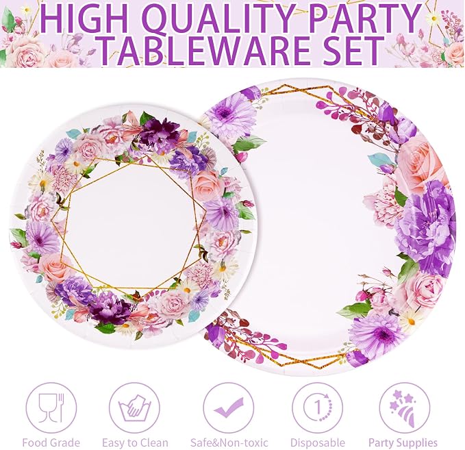 Grencian 96Pcs Spring Floral Party Supplies Pink Purple Flowers Paper Plates and Napkins Disposable Spring Floral Tableware Set for Tea Party Wedding Bridal Shower Baby Shower, Serves 24