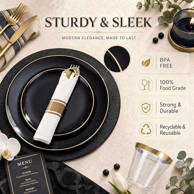 KIRE 175Pcs Black Plates Disposable - Heavy Duty Black and Gold Plastic Plates- 25 for Dinner 25 for Dessert 25 Pre Rolled Gold Silverware and 25 Cups for Graduation/Party/Wedding/Father's Day