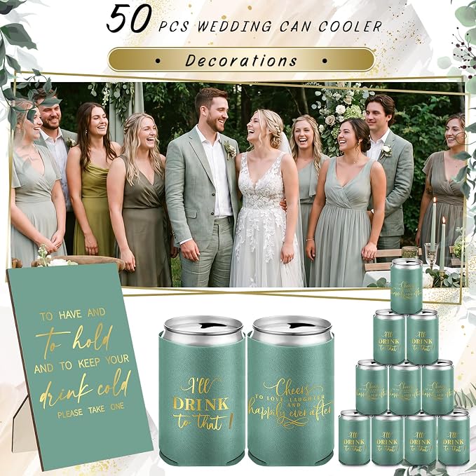 SiliFine 101 Pcs Green Wedding Can Cooler Bulk Engagement Party Favors for 100 Guests Cheers to Love Laughter, and I'll Drink Can Cooler with Wooden Wedding Table Sign Bridal Shower Favor