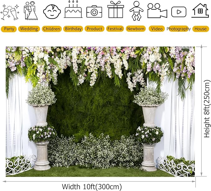 10x8ft Wedding Backdrop Beautiful Flowers Photograph Backgrounds for Ceremony Bridal Shower Party Scene Engagement Dinner Decoration Banner Photo Booth Studio Props