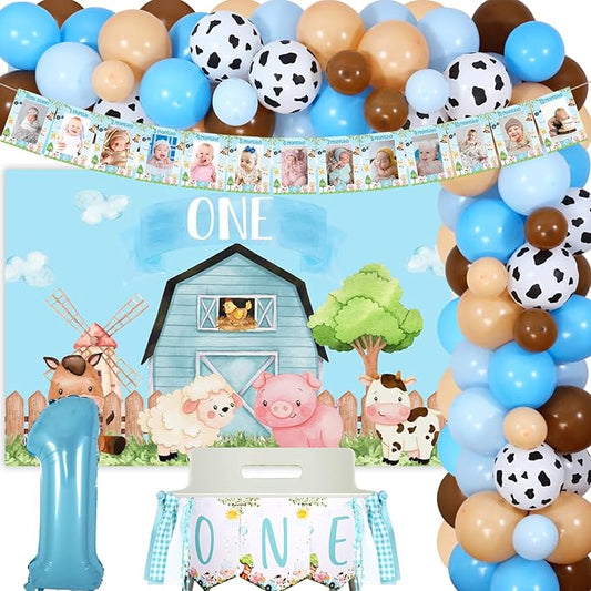 Farm Animal 1st Birthday Decorations Baby Boy - Blue Barnyard Cow Print Balloon Garland Kit with Backdrop, One High Chair Monthly Photo Banner, Number 1 Balloons for First Birthday Party Supplies