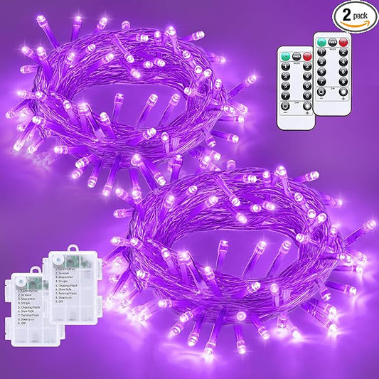 YEGUO Battery Operated String Lights, 2 Pack Each 33ft 100 LED Twinkle Fairy Lights Outdoor Waterproof, 8 Modes Clear Wire Purple Christmas Lights Indoor with Remote