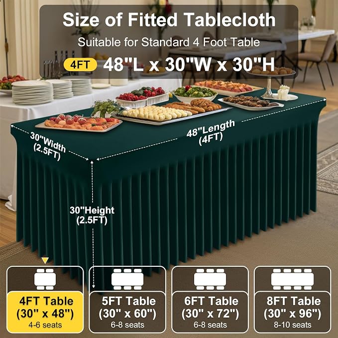 Smiry Spandex Tablecloth, Elastic Fitted Stretch Tablecloth for 4FT Rectangle Tables, Waterproof Washable Table Cover Skirt for Outdoor, Wedding, Banquet & Parties (Hunter Green, 48Lx30Wx30H Inch)