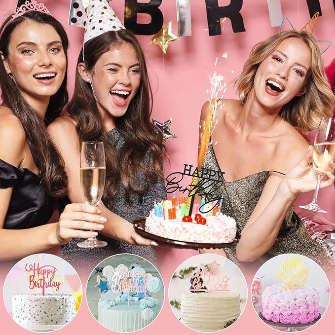 150 Pcs Happy Birthday Cake Toppers Acrylic Cake Topper Glitter Birthday Cake Decorations Double Sided for Adults Various Cake Decoration Party Supplies(Multicolor,Lovely)