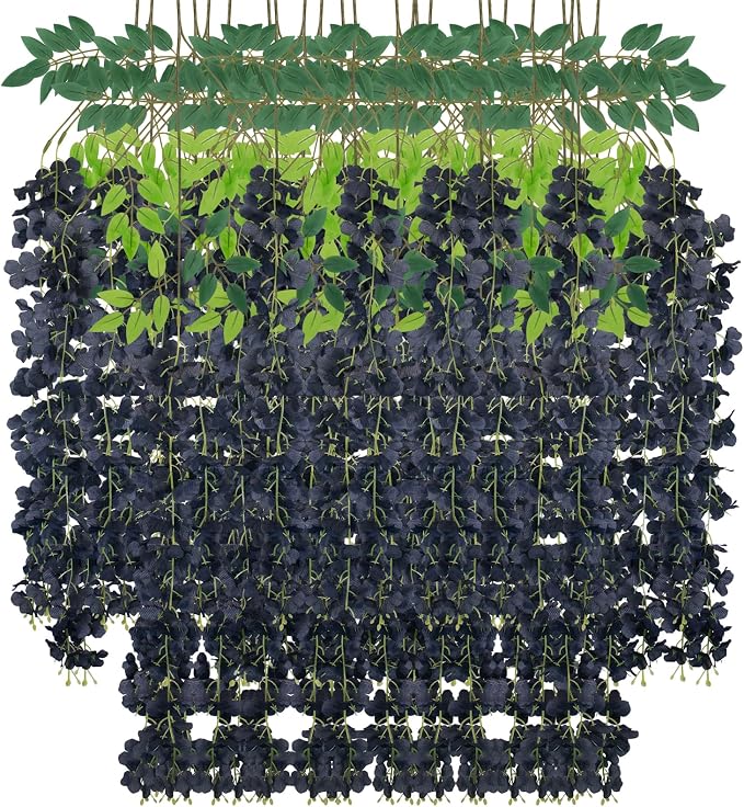 24 Pack Artificial Wisteria Flower Fake Silk Flowers String Vine Ratta Hanging Garland for Home Garden Party Wedding Backdrop Arch Decor (Black)