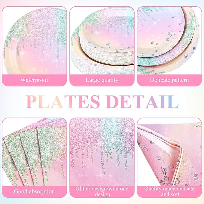 Funnymoom 452 Pcs Iridescent Diamond Birthday Party Decorations for 50 Guests, Glitter Pastel Rainbow Paper Plates and Napkins Cups Tablecloth Cutlery Straws for Women Birthday Baby Shower Supplies
