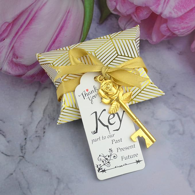 Makhry 50 Set Skeleton Rose Key Bottle Openers with Candy Box In Antique Vintage Style Escort Tags French Ribbon As A Gift Souvenir At Wedding Party Supplies (Antique Gold)