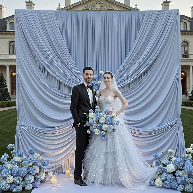 50 ft x 12 ft Wrinkle Free Dusty Blue Backdrop Curtain for Parties, 10 Panels 12ft Polyester Dusty Blue Photo Backdrop Drapes for Graduation Birthday Wedding Party Stage Curtains