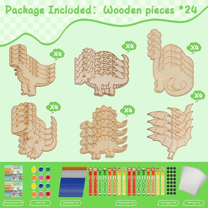 HandTool Dinosaur Party Favors for Kids,Dino Party Favors with 24PCS Wooden Dinosaur Crafts to Paint,Paint Sets,Bubble Wands,Magnets,DIY Cards and OPP Bags,Birthday Supplies for Kids Classroom Rewards