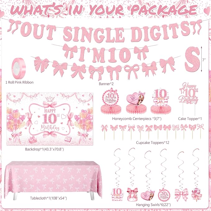 10th Birthday Decorations for Girl, Pink Bow Themed Party Supplies Includes "I'm 10" Banner, Backdrop Hanging Swirls, Centerpieces Number 10 Balloon & Mini Bow Balloons for Double Digits Birthday Girl