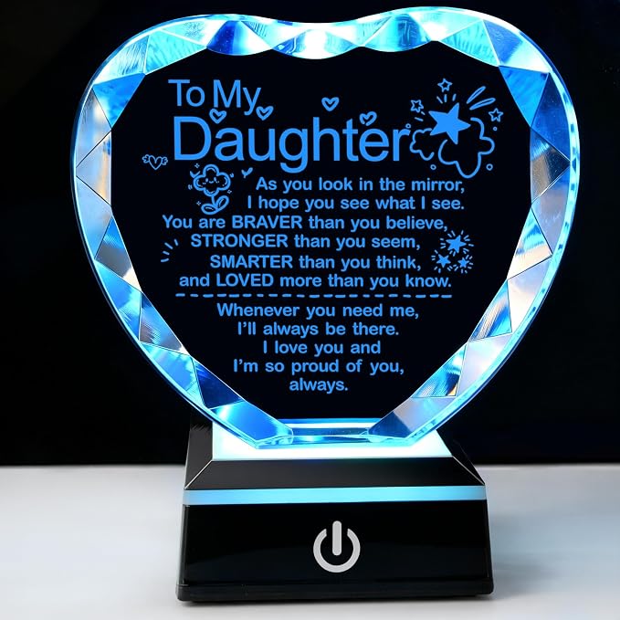 Daughter Best Birthday Graduation Gifts Ideas for Daughter Crystal Heart Plaques Gifts for Crystal Keepsake Present with Light Base Gift for Daughters on Christmas Valentines Mothers Day