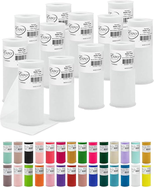 Expo International Decorative Matte Tulle, Lightweight Polyester Tulle Fabric for Tutus, Costumes, and Party Decorations, Washable, Easy-to-Use, 6 Inch x 25 Yards, White, Pack of 12