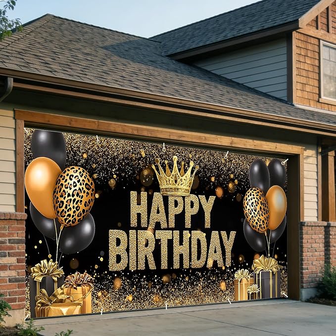 Happy Birthday Garage Door Banner Cover 7x16FT Waterproof –Black Gold Leopard Print Crown Backdrop with Balloons & Gifts Luxury Party Decor for Indoor Outdoor,Birthday Photo Booth Background for Women Men