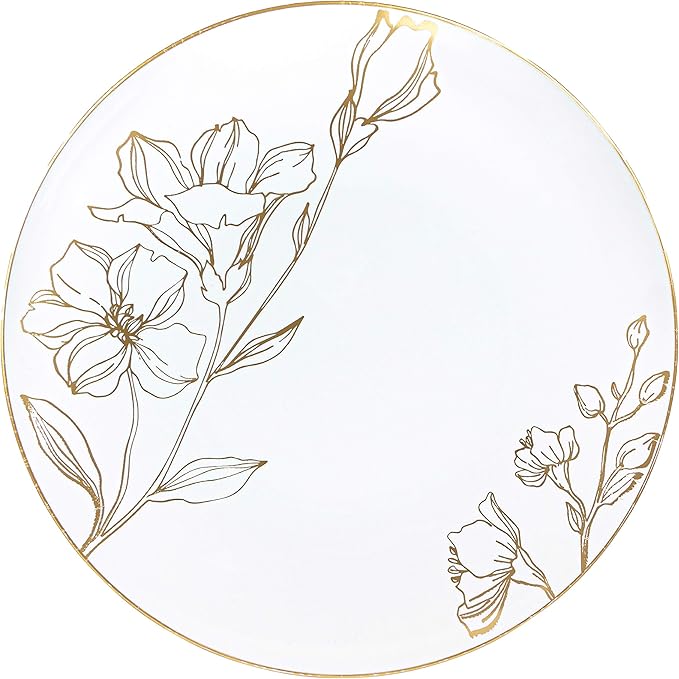 [9'' Plates 40 Count] White Plastic Floral Design Party Dinner Plates With Gold Rim Premium heavyweight Elegant Disposable Tableware Dishes
