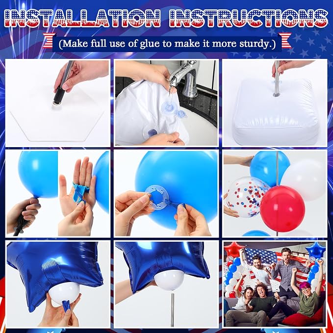Kasyat 2 Sets 4th of July Balloon Column Stand Kit with Foil Star Balloons Blue and Red White Arch Kit for Floor for Patriotic Memorial Day 250th Anniversary Independence Day Decorations