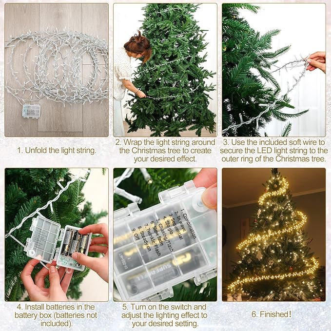 Mudder 49 ft Christmas Tree Garland Lights with Metal Wire Ring 300 LED Fairy String Lights 8 Modes Twinkle Light Battery Operated for Indoor Outdoor Xmas Tree Party Decoration (No Batteries Included)