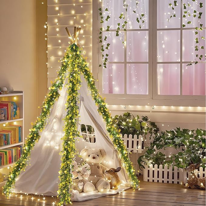 RECUTMS 3 Pcs Green Garland with Lights Fern Hanging Light Fake Hanging Vines Spring Garland with Lights Green Leaf Vines for Spring Home Wall Mantel Party Wedding Fireplace Decoration(Yellow)
