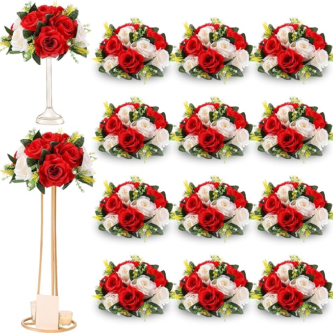 Hotop 12 Pcs Artificial Rose Flower Balls for Centerpieces, Silk Roses Kissing Balls Romantic Faux Floral Arrangements for Engagement Wedding Home Decor (Red,White)
