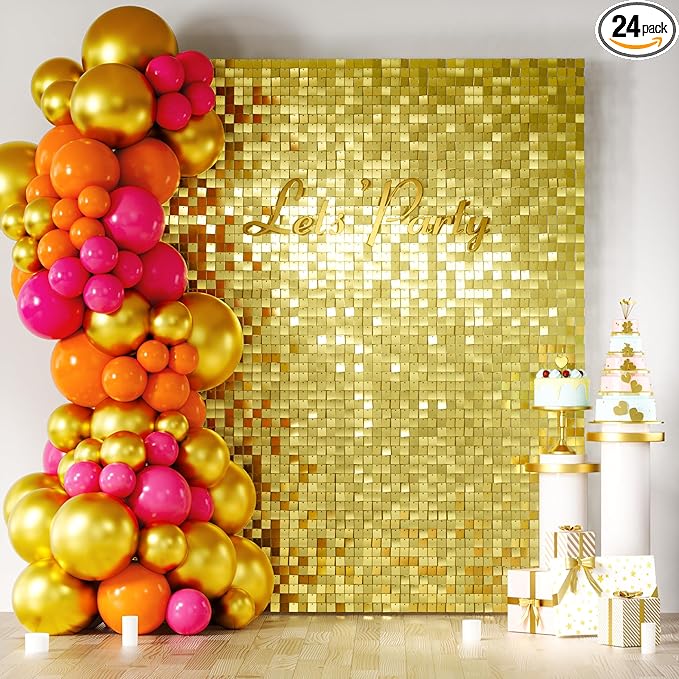 COKAOBE New Type Light Gold Shimmer Wall Backdrop, 24PCS Square Sequin Shimmer Backdrop Panel, Photo Backdrops for Birthday, Anniversary, Wedding, Graduation & Bachelorette Party Decoration