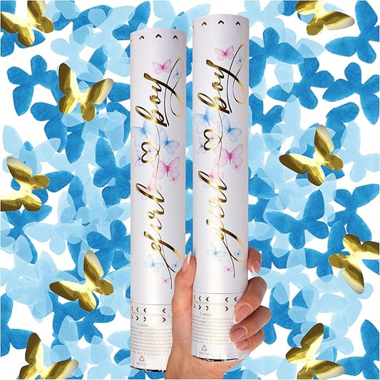 PrimePure Gender Reveal Confetti Cannon - Butterfly Shaped Confetti Poppers - Blue, 2 Pack - Baby Boy Gender Reveal Party Poppers Shooters - Blue Paper Butterflies Baby Shower Party Supplies Pop Gun
