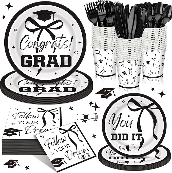 168 Pcs Black Bow 2026 Graduation Party Supplies Black Coquette Congrats Grad Plates and Napkins Class of 2026 Tableware Set Serves 24 Disposable Paper Cups for College Senior High School