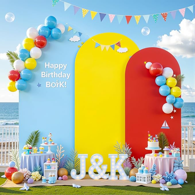 Set of 3 Arch Backdrop Covers(6ft, 5ft, 4ft) - Premium Stretchy Spandex Backdrop Arch Stand Cover for Baby Shower,Wedding,Party Decor Chiara Cover with Double-Sided Design(Red Yellow Blue)