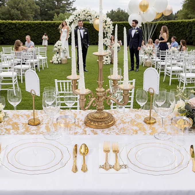 KIRE 210Pcs Clear and Gold Plastic Plates - Heavy Duty Clear Plates with Gold Rim - Disposable Dinnerware Sets of 60 Plastic Plate 90 Silverware 30 Cups 30 Napkins for Wedding/Mother's Day