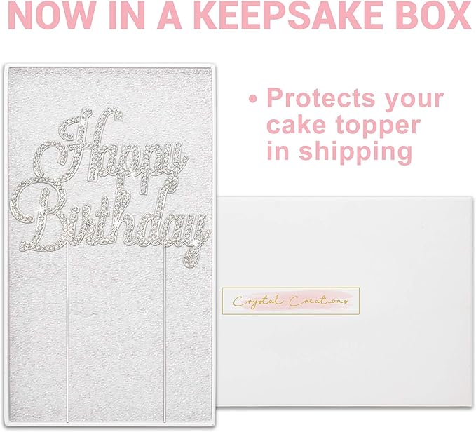 Happy Birthday Cake Topper - Premium Silver Metal - Happy Birthday Party Sparkly Rhinestone Decoration Makes a Great Centerpiece - Now Protected in a Box