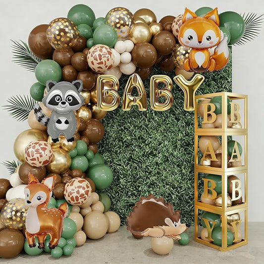 Amandir 137pcs Woodland Animals Baby Shower Decoration Boxes Sage Green Brown Balloon Garland Arch Kit Woodland Themed Animal Foil Balloons for Neutral Forest Jungle Safari Party Supplies