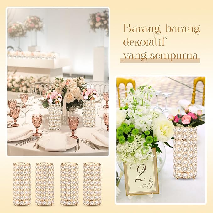 Dandat 8 Pcs Crystal Flower Vase for Wedding Table Centerpieces 7.87 in Crystal Pillar Candle Holder Metal Cylinder Flower Vase Stand for Christmas Wedding Decor Gifts Arrangement Event(Gold)