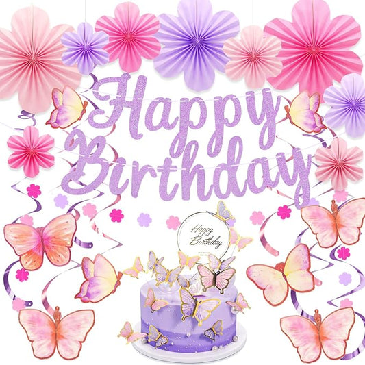 Butterfly Birthday Decorations Party Supplies with Pre-strung Happy Birthday Banner,Flower Garland,Cake Cupcake Toppers Stickers,Hanging Swirls, Paper Fan Spring-themed Decor Pack for Women Girls
