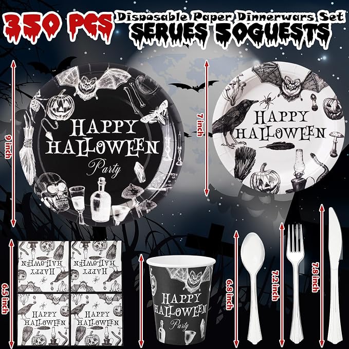 FillTouch 350 Pcs Happy Halloween Party Favor Vintage Halloween Decoration Disposable Tableware for 50 Guests 100 Pumpkin Skull Plates 50 Crows Bats Napkins 50 Cups 50 Sets Knives Fork Spoon