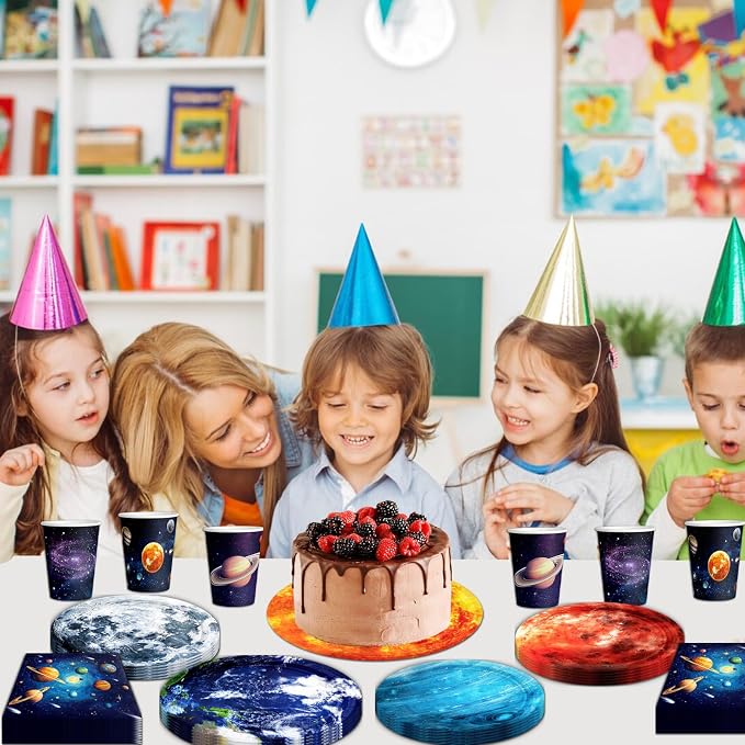 120Pcs Space Theme Party Decorations Outer Space Birthday Party Supplies Galaxy Planet Outer Space Disposable Plates Napkins for Kids Space Solar System Planets Birthday Party Decorations 30 Guests