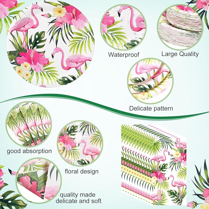 Funnymoom 250 Pcs Hawaiian Flamingo Party Decoration Luau Themed Paper Plates Napkins and Cups Tropical Hawaiian Tableware Set for Summer Pool Beach Birthday Retirement Party Supplies, Serves 50