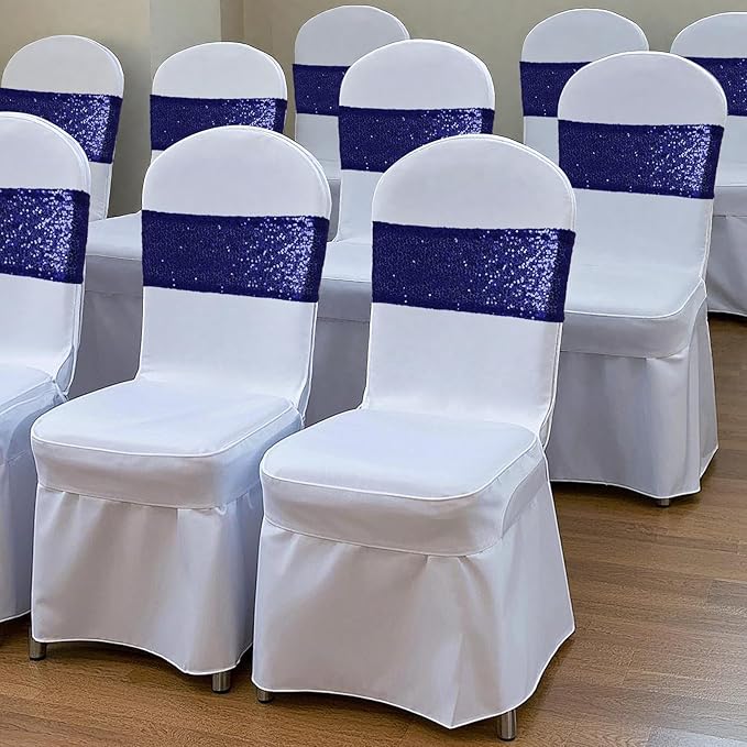 Poise3EHome Navy Blue Sequin Chair Sashes Folding Chair Covers Bow for Wedding Party Reception Decorations, 50 PCS