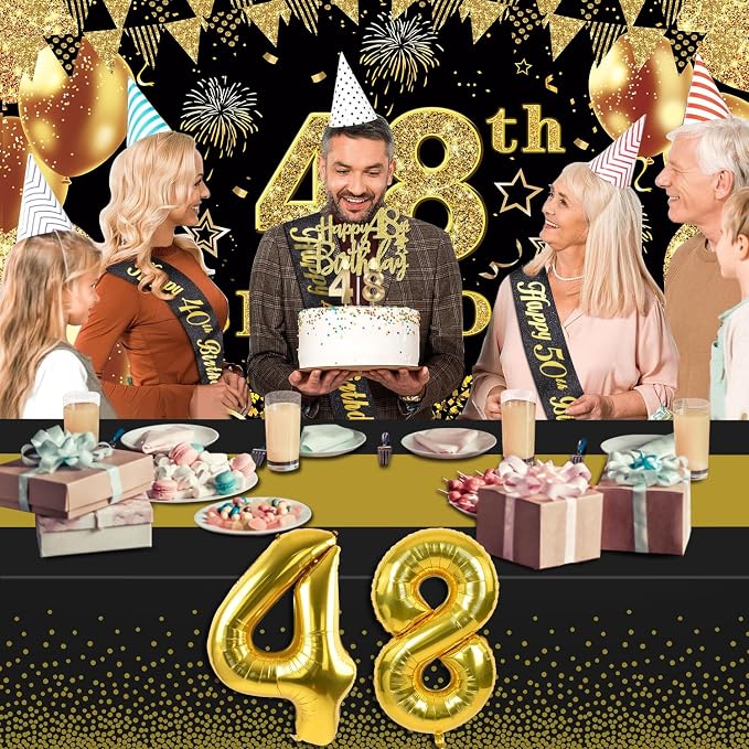 48th Birthday Decorations Men Women with 48th Birthday Banner, Black and Gold Table Cloth, Number Balloons, Large Sash, Cake Topper and Candles