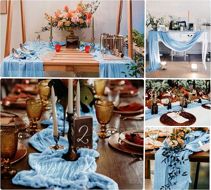 15 Pack Cheesecloth Table Runner Baby Blue 6FT Boho Table Runner 35x72 Inch Gauze Cheese Cloth Table Runners for Rustic Wedding Birthday Party Bridal Baby Shower Engagement Holiday Banquet Table Decor
