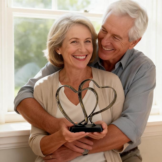 Anniversary Wedding Gifts for Couple - Two Hearts and Cross Iron Sculpture, 1st to 50th for Her and Him,Decorative Hearts Statue Includes Present Box and Poem Card